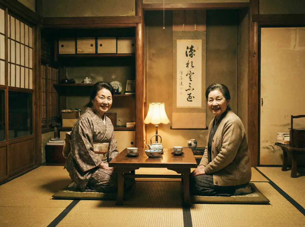 两位优雅的 艳门照 在日式茶室中品茶交谈
